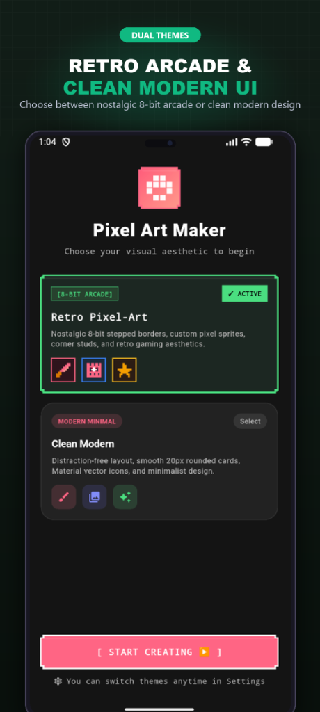 Dual Themes - Retro 8-Bit Arcade and Clean Modern